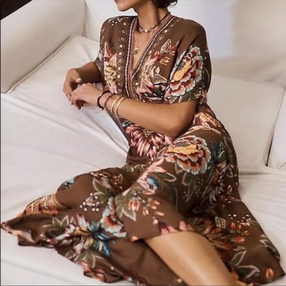 Anthropologie Farm Rio Valentina Brown Floral Maxi Dress